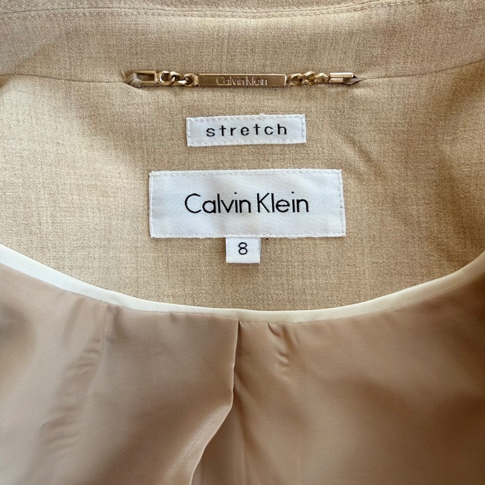 Calvin Klein Beige Stretch 2 Piece Skirt Suit Double Breasted Belted Women's 8 - Picture 5 of 11